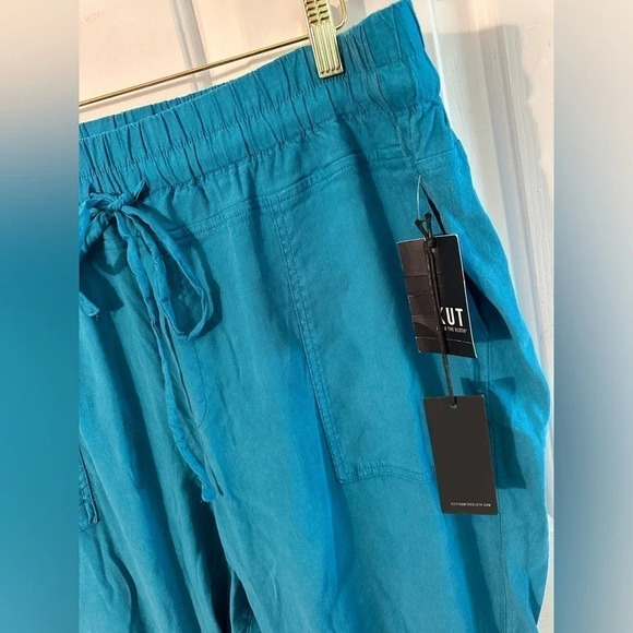 NWT KUT from the Kloth Sandra Smocked Waist Linen Blend Pant XXL Teal Cerulean - Picture 4 of 12